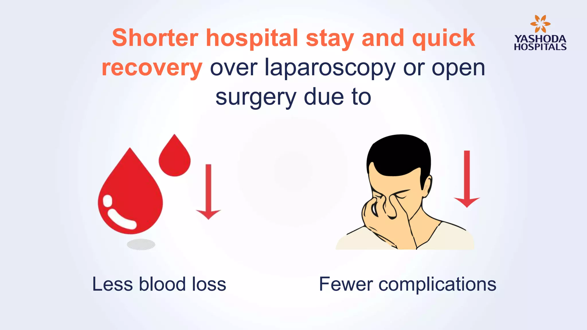 Shorter hospital stay and quick
recovery over laparoscopy or open
surgery due to
Less blood loss Fewer complications
 