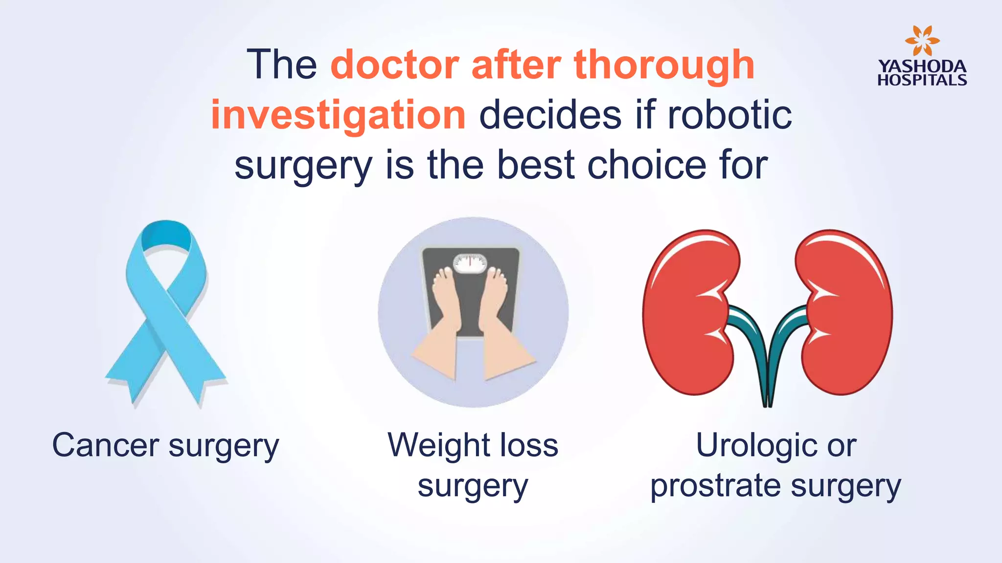The doctor after thorough
investigation decides if robotic
surgery is the best choice for
Cancer surgery Urologic or
prostrate surgery
Weight loss
surgery
 