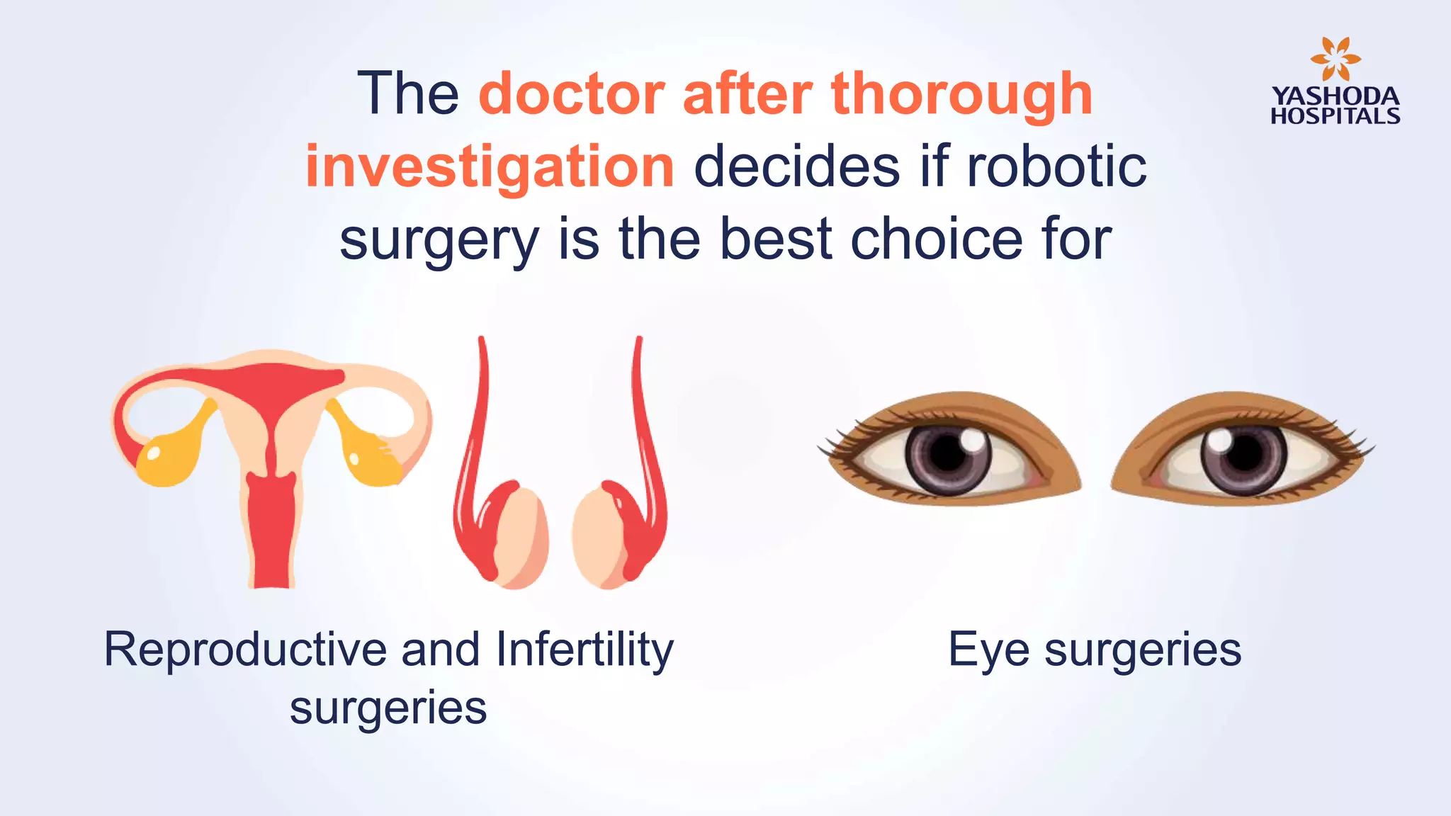 The doctor after thorough
investigation decides if robotic
surgery is the best choice for
Reproductive and Infertility
surgeries
Eye surgeries
 