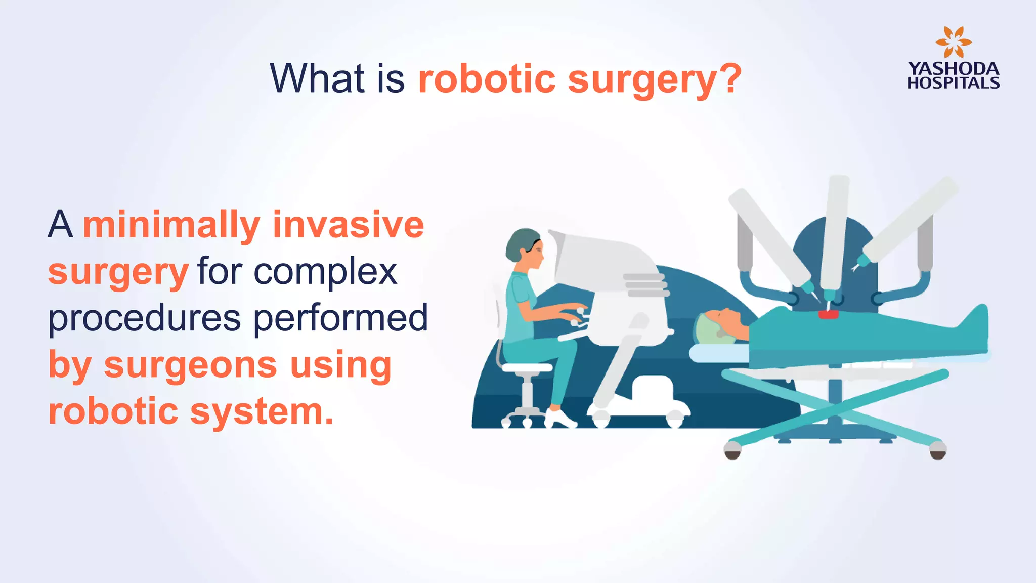 What is robotic surgery?
A minimally invasive
surgery for complex
procedures performed
by surgeons using
robotic system.
 