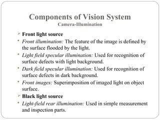 Components of Vision System
Camera-Illumination
 Front light source
 Front illumination: The feature of the image is defined by
the surface flooded by the light.
 Light field specular illumination: Used for recognition of
surface defects with light background.
 Dark field specular illumination: Used for recognition of
surface defects in dark background.
 Front images: Superimposition of imaged light on object
surface.
 Black light source
 Light-field rear illumination: Used in simple measurement
and inspection parts.
 