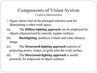 Components of Vision System
Camera-Illumination
 Figure shows four of the principal schemes used for
illuminating a robot work space.
(a) The Diffuse-lighting approach can be employed for
objects characterized by smooth, regular surfaces.
(b) Backlighting, produces a black and white (binary)
image.
(c) The Structured-lighting approach consists of
projecting points, stripes, or grids onto the work surface.
(d) The Directional-lighting approach is useful
primarily for inspection of object surfaces.
 