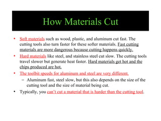 How Materials Cut Soft materials  such as wood, plastic, and aluminum cut fast. The cutting tools also turn faster for these softer materials.  Fast cutting materials are more dangerous because cutting happens quickly. Hard materials  like steel, and stainless steel cut slow. The cutting tools travel slower but generate heat faster.  Hard materials get hot and the chips produced are hot. The toolbit speeds for aluminum and steel are very different. Aluminum fast, steel slow, but this also depends on the size of the cutting tool and the size of material being cut. Typically, you  can’t cut a material that is harder than the cutting tool .  