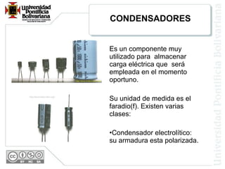 CONDENSADORES Es un componente muy utilizado para  almacenar carga eléctrica que  será empleada en el momento oportuno.  Su unidad de medida es el faradio(f). Existen varias clases: Condensador electrolítico: su armadura esta polarizada. 