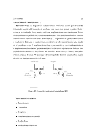 2. Sensores                                                                                23

Sincronizadores e Resolvedores        :
   Sincronizadores s˜ o dispositivos eletromecˆ nicos rotacionais usados para transmitir
                    a                         a
informacao angular eletricamente, de um lugar para outro, com grande precis˜ o. Basica-
       ¸˜                                                                  a
mente, o sincronizador e um transformador de acoplamento vari´ vel, consistindo de um
                       ´                                     a
rotor de enrolamento prim´ rio AC-excitado muito simples e dois ou mais enrolamentos estatores
                         a
simetricamente orientados em torno do rotor (2.3). O acoplamento magn´ tico efetivo entre
                                                                     e
o enrolamento do rotor e os enrolamentos dos estatores envolventes varia como uma funcao
                                                                                     ¸˜
da orientacao do vetor. O acoplamento m´ ximo ocorre quando os campos s˜ o paralelos, e
          ¸˜                           a                               a
o acoplamento m´nimo ocorre quando o campo do rotor est´ ortogonalmente alinhado com
               ı                                       a
respeito a um determinado enrolamento dos estatores. Assim sendo, a sa´da do estator for-
                                                                      ı
ma um conjunto de sinais AC cujas respectivas magnitudes deﬁnem unicamente o angulo
                                                                             ˆ
do rotor em qualquer momento no tempo.
                        Transmissor                Receptor




                       Rotor                                        Rotor
                Fonte                     stator      stator            Fonte
               alternada                                               Alternada




                      Figura 2.3: Sensor Sincronizador.(Adaptado de [20])



   Tipos de Sincronizadores

   ¯   Transmissores

   ¯   Diferenciais

   ¯   Receptores

   ¯   Transformadores de controle

   ¯   Resolvedores

   ¯   Resolvedores diferenciais
 
