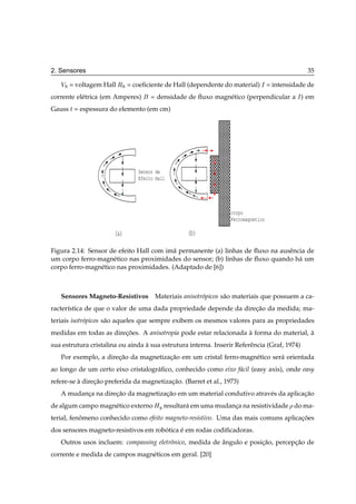 2. Sensores                                                                                   35

   Î   = voltagem Hall Ê = coeﬁciente de Hall (dependente do material) Á = intensidade de
corrente el´ trica (em Amperes)
           e                        = densidade de ﬂuxo magn´ tico (perpendicular a Á ) em
                                                            e
Gauss Ø = espessura do elemento (em cm)




                               Sensor de
                               Efeito Hall




                                                                 corpo
                                                                 Ferromagnetico

                       (a)                       (b)

Figura 2.14: Sensor de efeito Hall com im˜ permanente (a) linhas de ﬂuxo na ausˆ ncia de
                                          a                                    e
um corpo ferro-magn´ tico nas proximidades do sensor; (b) linhas de ﬂuxo quando h´ um
                      e                                                            a
corpo ferro-magn´ tico nas proximidades. (Adaptado de [6])
                 e



   Sensores Magneto-Resistivos       Materiais anisotr´ picos s˜ o materiais que possuem a ca-
                                                      o        a
racter´stica de que o valor de uma dada propriedade depende da direcao da medida; ma-
      ı                                                            ¸˜
teriais isotr´ picos s˜ o aqueles que sempre exibem os mesmos valores para as propriedades
             o        a
medidas em todas as direcoes. A anisotropia pode estar relacionada a forma do material, a
                        ¸˜                                         `                    `
sua estrutura cristalina ou ainda a sua estrutura interna. Inserir Referˆ ncia (Graf, 1974)
                                  `                                     e
   Por exemplo, a direcao da magnetizacao em um cristal ferro-magn´ tico ser´ orientada
                      ¸˜              ¸˜                          e         a
ao longo de um certo eixo cristalogr´ ﬁco, conhecido como eixo f´ cil (easy axis), onde easy
                                    a                           a
refere-se a direcao preferida da magnetizacao. (Barret et al., 1973)
          `     ¸˜                        ¸˜
   A mudanca na direcao da magnetizacao em um material condutivo atrav´ s da aplicacao
          ¸         ¸˜              ¸˜                                e            ¸˜
de algum campo magn´ tico externo ÀÝ resultar´ em uma mudanca na resistividade do ma-
                   e                         a             ¸
terial, fenomeno conhecido como efeito magneto-resistivo. Uma das mais comuns aplicacoes
           ˆ                                                                        ¸˜
dos sensores magneto-resistivos em robotica e em rodas codiﬁcadoras.
                                      ´     ´
   Outros usos incluem: compassing eletrˆ nico, medida de angulo e posicao, percepcao de
                                        o                 ˆ            ¸˜         ¸˜
corrente e medida de campos magn´ ticos em geral. [20]
                                e
 