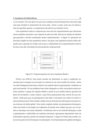 ˆ   ´
5. Arquitetura de Robos Moveis                                                              91

va ser tomada. Um caso t´pico em que uma condicao sensorial (temperatura elevada) exige
                        ı                     ¸˜
uma acao imediata (o afastamento de nosso m˜ o). Assim, a rea¸ao, neste caso, foi afastar a
     ¸˜                                    a                 c˜
m˜ o da superf´cie quente, e a temperatura elevada foi seu est´mulo reativo.
 a            ı                                               ı
   Uma arquitetura reativa e composta por uma s´ rie de comportamentos que relacionam
                           ´                   e
certas condicoes sensoriais a um conjunto de acoes do robo, al´ m de ser dotada de m´ todos
            ¸˜                                ¸˜         ˆ e                        e
que garantam a devida coordenacao destes comportamentos. A ﬁgura 5.1 apresenta um
                              ¸˜
descricao simples de uma arquitetura reativa. Em geral, esta arquitetura produz robos ade-
      ¸˜                                                                           ˆ
quados para operacao em tempo real, j´ que a simplicidade dos comportamentos reativos
                 ¸˜                  a
favorece uma alta velocidade de processamento computacional.



                                         Comportamento 1



                                                                 ATUADORES
                             SENSORES




                                         Comportamento 2
                                           .
                                           .
                                           .
                                           .

                                         Comportamento n

                                        COMPORTAMENTOS



                 Figura 5.1: Esquema gen´ rico de uma Arquiteura Reativa
                                        e

   Planejar (ou deliberar) uma tarefa consiste em determinar as acoes e sequˆ ncias ne-
                                                                 ¸˜        ¨e
cess´ rias para conseguir sua execucao no contexto de um certo modelo de mundo. Assim
    a                              ¸˜
um robo inteligente pode tentar construir um modelo interno representando o ambiente no
      ˆ
qual est´ inserido. Se um problema fosse ent˜ o designado ao robo, este poderia tentar pri-
        a                                   a                   ˆ
meiro explorar o espaco de solucoes obtidos a partir de seu modelo interno, gerando um
                     ¸         ¸˜
plano de atividades e, ent˜ o, realizar a acao f´sica propriamente dita, atrav´ s de seus atu-
                          a                ¸˜ ı                               e
adores. Ent˜ o para que um planejamento seja otimo e necess´ rio um modelo do ambiente o
           a                                 ´     ´       a
mais perfeito poss´vel. Este modelo e obtido atrav´ s da fus˜ o das informacoes sensoriais nu-
                  ı                 ´             e         a              ¸˜
ma estrutura de dados global. Uma tarefa completa admite um planejamento hier´ rquico,
                                                                             a
onde uma tarefa se decompoe em sequˆ ncias de tarefas mais simples que por sua vez po-
                         ˜        ¨e
dem se decompor em outras subtarefas. Geralmente, tem-se um controle hier´ rquico, onde
                                                                         a
o planejamento e subdividido em modulos funcionais, tipicamente dependentes tanto de
               ´                 ´
informacoes espaciais, quanto de restricoes temporais. A ﬁgura 5.2 ilustra este modelo, on-
       ¸˜                              ¸˜
de se tem quatro n´veis hier´ rquicos no planejador: n´vel de planejamento global estrat´ gico,
                  ı         a                         ı                                 e
 