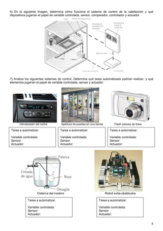 6) En la siguiente imagen, determina cómo funciona el sistema de control de la calefacción y qué 
dispositivos jugarían el papel de variable controlada, sensor, comparador, controlador y actuador. 
7) Analiza los siguientes sistemas de control. Determina qué tarea automatizada podrían realizar, y qué 
elementos jugarían el papel de variable controlada, sensor y actuador. 
5 
Climatizador del coche Apertura de puertas en una tienda Flash cámara de fotos 
Tarea a automatizar: 
Variable controlada: 
Sensor: 
Actuador: 
Tarea a automatizar: 
Variable controlada: 
Sensor: 
Actuador: 
Tarea a automatizar: 
Variable controlada: 
Sensor: 
Actuador: 
Cisterna del inodoro Robot evita-obstáculos 
Tarea a automatizar: 
Variable controlada: 
Sensor: 
Actuador: 
Tarea a automatizar: 
Variable controlada: 
Sensor: 
Actuador: 
 