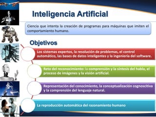 Fuente: Atencio (2012)
Ciencia que intenta la creación de programas para máquinas que imiten el
comportamiento humano.
Los sistemas expertos, la resolución de problemas, el control
automático, las bases de datos inteligentes y la ingeniería del software.
Reto del reconocimiento: la comprensión y la síntesis del habla, el
proceso de imágenes y la visión artificial.
Representación del conocimiento, la conceptualización cognoscitiva
y la comprensión del lenguaje natural.
La reproducción automática del razonamiento humano
 