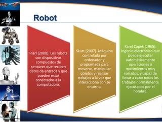 Fuente: Atencio (2012)
Piarl (2008). Los robots
son dispositivos
compuestos de
sensores que reciben
datos de entrada y que
pueden estar
conectados a la
computadora.
Skutt (2007). Máquina
controlada por
ordenador y
programada para
moverse, manipular
objetos y realizar
trabajos a la vez que
interacciona con su
entorno.
Karel Capek (1965).
Ingenio electrónico que
puede ejecutar
automáticamente
operaciones o
movimientos muy
variados, y capaz de
llevar a cabo todos los
trabajos normalmente
ejecutados por el
hombre.
 