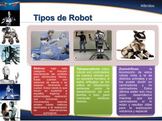 Fuente: Atencio (2012)
Médicos: bajo esta
categoría se incluyen
básicamente las prótesis
para disminuidos físicos.
Estas cuentan con
sistemas de mando y se
adaptan fácilmente al
cuerpo. Estos robots lo que
hacen es suplantar a
aquellos órganos o
extremidades, realizando
sus funciones y
movimientos. Además
existen robots médicos
destinados a la realización
de intervenciones
quirúrgicas.
Teleoperadores: estos
robots son controlados
de manera remota por
un operador humano. A
estos artilugios se los
utiliza en situaciones
extremas como la
desactivación de una
bomba o bien, para
manipular residuos
tóxicos.
Zoomórficos: la
locomoción de estos
robots imita a la de
distintos animales y se
los puede dividir en
caminadores y no
caminadores. Estos
últimos están aún muy
poco desarrollados
mientras que los
caminadores sí lo
están y resultan útiles
para la exploración
volcánica y espacial
Híbridos
 