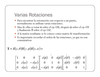 Varias Rotaciones
Para encontrar la orientación con respecto a un punto,
normalmente se utilizan varias rotaciones.
Una de ellas es rotar α sobre el eje OX, después φ sobre el eje OY
y finalmente θ sobre el eje OZ.
A la matriz resultante se le conoce como matriz de transformación
Es importante recordar el orden de las rotaciones, ya que no sonEs importante recordar el orden de las rotaciones, ya que no son
conmutativas
 