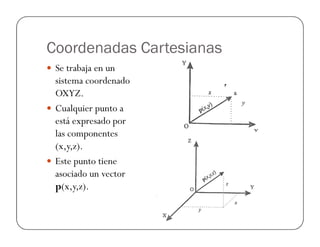 Coordenadas Cartesianas
Se trabaja en un
sistema coordenado
OXYZ.
Cualquier punto a
está expresado porestá expresado por
las componentes
(x,y,z).
Este punto tiene
asociado un vector
p(x,y,z).
 