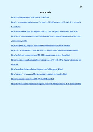 23
WEBGRAFÍA
https://es.wikipedia.org/wiki/Rob%C3%B3tica
http://www.planetarioalfa.org.mx/?q=blog/%C2%BFpara-qu%C3%A9-sirve-la-rob%
C3%B3tica
http://roboticaaleixandre4a.blogspot.com/2012/06/3-arquitectura-de-un-robot.html
http://recursostic.educacion.es/secundaria/edad/4esotecnologia/quincena11/4quincena11
_contenidos_4a.htm
http://lalaysantany.blogspot.com/2009/10/como-funciona-la-robotica.html
https://www.biobiochile.cl/noticias/2016/02/16/que-es-un-robot-como-funciona.shtml
http://robotcamixo.blogspot.com/2010/12/generaciones-de-los-robots.html
https://informaticaaplicadaanablog.wordpress.com/2016/01/15/la-5-generaciones-de-los-
robotica/
http://enciclopediadelarobotica.blogspot.com/p/blog-page_4.html
http://nnnnnyyyyyyyxxxxx.blogspot.com/p/ramas-de-la-robotica.html
https://es.calameo.com/read/0051733202b80bd2a61e4
http://laroboticaenlaactualidad3.blogspot.com/2016/08/importancia-de-la-robotica.html
 