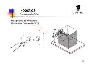 15
Robótica
Prof. Alexandre Silva
Manipuladores Robóticos
Manipulador Cartesiano (PPP)
 