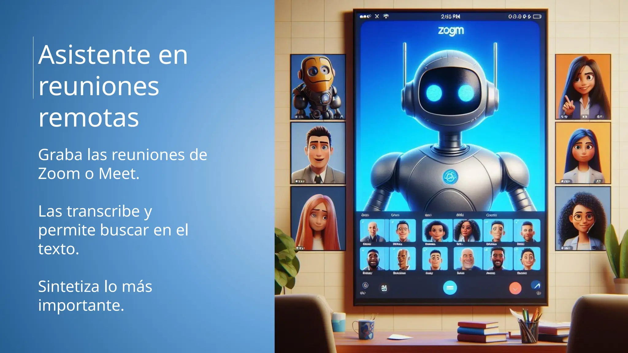 Graba las reuniones de
Zoom o Meet.
Las transcribe y
permite buscar en el
texto.
Sintetiza lo más
importante.
Asistente en
reuniones
remotas
 