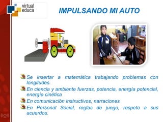 IMPULSANDO MI AUTO
Se insertar a matemática trabajando problemas con
longitudes.
En ciencia y ambiente fuerzas, potencia, energía potencial,
energía cinética
En comunicación instructivos, narraciones
En Personal Social, reglas de juego, respeto a sus
acuerdos.
 