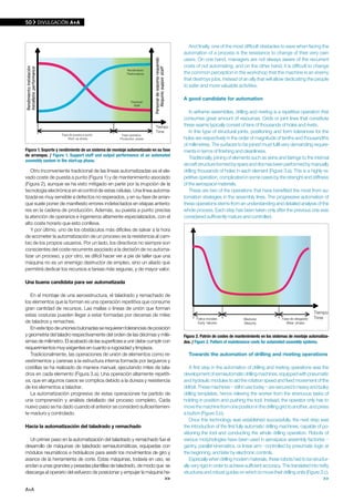 50    DIvULGACIÓN A+A



                                                                                      And finally, one of the most difficult obstacles to save when facing the
                                                                                   automation of a process is the resistance to change of their very own
                                                                                   users. On one hand, managers are not always aware of the recurrent
                                                                                   costs of not automating, and on the other hand, it is difficult to change
                                                        Rendimiento
                                                        Performance                the common perception in the workshop that the machine is an enemy
                                                                                   that destroys jobs, instead of an ally that will allow dedicating the people
                                                                                   to safer and more valuable activities.

                                                                                   A good candidate for automation
                                                           Personal
                                                             Staff

                                                                                      In airframe assemblies, drilling and riveting is a repetitive operation that
                                                                                   consumes great amount of resources. Grids or joint lines that constitute
                                                                        Tiempo     these seams typically consist of tens of thousands of holes and rivets.
                                                                        Time          In this type of structural joints, positioning and form tolerances for the
                    Fase de puesta a punto           Fase operativa
                        Start-up phase              Production phase               holes are respectively in the order of magnitude of tenths and thousandths
                                                                                   of millimetres. The surfaces to be joined must fulfil very demanding require-
Figura 1. Soporte y rendimiento de un sistema de montaje automatizado en su fase   ments in terms of finishing and cleanliness.
de arranque. / Figure 1. Support staff and output performance of an automated
                                                                                      Traditionally, joining of elements such as skins and fairings to the internal
assembly system in the start-up phase.
                                                                                   aircraft structure formed by spars and ribs has been performed by manually
   Otro inconveniente tradicional de las líneas automatizadas es el ele-           drilling thousands of holes in each element (Figure 3.a). This is a highly re-
vado coste de puesta a punto (Figura 1) y de mantenimiento asociado                petitive operation, complicated in some cases by the strenght and stiffness
(Figura 2), aunque se ha visto mitigado en parte por la irrupción de la            of the aerospace materials.
tecnología electrónica en el control de estas células. Una línea automa-              These are two of the operations that have benefited the most from au-
tizada es muy sensible a defectos no esperados, y en su fase de arran-             tomation strategies in the assembly lines. The progressive automation of
que suele poner de manifiesto errores indetectados en etapas anterio-              these operations stems from an understanding and detailed analysis of the
res en la cadena de producción. Además, su puesta a punto precisa                  whole process. Each step has been taken only after the previous one was
la atención de operarios e ingenieros altamente especializados, con el             considered sufficiently mature and controlled.
alto coste horario que esto conlleva.
   Y por último, uno de los obstáculos más difíciles de salvar a la hora
de acometer la automatización de un proceso es la resistencia al cam-
bio de los propios usuarios. Por un lado, los directivos no siempre son
conscientes del coste recurrente asociado a la decisión de no automa-
tizar un proceso, y por otro, es difícil hacer ver a pie de taller que una
máquina no es un enemigo destructor de empleo, sino un aliado que
permitirá dedicar los recursos a tareas más seguras, y de mayor valor.

Una buena candidata para ser automatizada

   En el montaje de una aeroestructura, el taladrado y remachado de
los elementos que la forman es una operación repetitiva que consume
gran cantidad de recursos. Las mallas o líneas de unión que forman
                                                                                                                                                              Tiempo
estas costuras pueden llegar a estar formadas por decenas de miles
                                                                                          Fallos iniciales           Madurez               Fase de desgaste   Time
de taladros y remaches.                                                                    Early failures            Maturity                Wear phase
   En este tipo de uniones bulonadas se requieren tolerancias de posición
y geometría del taladro respectivamente del orden de las décimas y milé-           Figura 2. Patrón de costes de mantenimiento en los sistemas de montaje automatiza-
simas de milímetro. El acabado de las superficies a unir debe cumplir con          dos. / Figure 2. Pattern of maintenance costs for automated assembly systems.
requerimientos muy exigentes en cuanto a rugosidad y limpieza.
   Tradicionalmente, las operaciones de unión de elementos como re-                  Towards the automation of drilling and riveting operations
vestimientos y carenas a la estructura interna formada por largueros y
costillas se ha realizado de manera manual, ejecutando miles de tala-                  A first step in the automation of drilling and riveting operations was the
dros en cada elemento (Figura 3.a). Una operación altamente repetiti-              development of semiautomatic drilling machines, equipped with pneumatic
va, que en algunos casos se complica debido a la dureza y resistencia              and hydraulic modules to aid the rotation speed and feed movement of the
de los elementos a taladrar.                                                       drill bit. These machines – still in use today – are secured to heavy and bulky
   La automatización progresiva de estas operaciones ha partido de                 drilling templates, hence relieving the worker from the strenuous tasks of
una comprensión y análisis detallado del proceso completo. Cada                    holding in position and pushing the tool. Instead, the operator only has to
nuevo paso se ha dado cuando el anterior se consideró suficientemen-               move the machine from one position in the drilling grid to another, and press
te maduro y controlado.                                                            a button (Figure 3.b).
                                                                                       Once this technology was established successfully, the next step was
Hacia la automatización del taladrado y remachado                                  the introduction of the first fully automatic drilling machines, capable of po-
                                                                                   sitioning the tool and conducting the whole drilling operation. Robots of
  Un primer paso en la automatización del taladrado y remachado fue el             various morphologies have been used in aerospace assembly factories –
desarrollo de máquinas de taladrado semiautomáticas, equipadas con                 gantry, parallel kinematics, or linear arm –controlled by pneumatic logic at
módulos neumáticos e hidráulicos para asistir los movimientos de giro y            the beginning, and later by electronic controls.
avance de la herramienta de corte. Estas máquinas, todavía en uso, se                  Especially when drilling modern materials, these robots had to be structur-
anclan a unas grandes y pesadas plantillas de taladrado, de modo que se            ally very rigid in order to achieve sufficient accuracy. This translated into hefty
descarga al operario del esfuerzo de posicionar y empujar la máquina he-           structures and robust guides on which to move their drilling units (Figure 3.c).
                                                                     >>                                                                                            >>

A+A
 