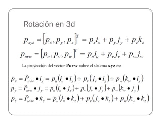Rotación en 3d
La proyección del vector Puvw sobre el sistema xyz es:
 