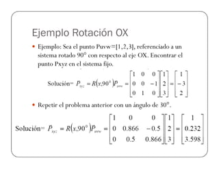 Ejemplo Rotación OX
 Ejemplo: Sea el punto Puvw=[1,2,3], referenciado a un
sistema rotado 90° con respecto al eje OX. Encontrar el
punto Pxyz en el sistema fijo.
 Repetir el problema anterior con un ángulo de 30°.
 