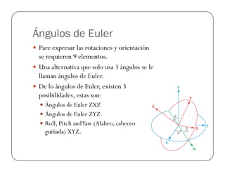 Ángulos de Euler
 Pare expresar las rotaciones y orientación
se requieren 9 elementos.
 Una alternativa que solo usa 3 ángulos se le
llaman ángulos de Euler.
 De lo ángulos de Euler, existen 3
 De lo ángulos de Euler, existen 3
posibilidades, estas son:
 Ángulos de Euler ZXZ
 Ángulos de Euler ZYZ
 Roll, Pitch andYaw (Alabeo, cabeceo
guiñada) XYZ.
 