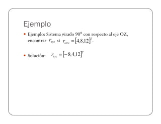 Ejemplo
 Ejemplo: Sistema girado 90° con respecto al eje OZ,
encontrar si .
 Solución:
 