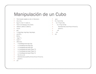 Manipulación de un Cubo
 %Este Ejemplo manipula un cubo en 3 dimensiones
 clear; close;
 largo=4; Color='r'; Ancho=4;
 Cubo=CreaCubo(largo,Color,Ancho)
 xlabel('x'); ylabel('y'); zlabel('z');
 view(3)
 grid
 v=[-largo,largo,-largo,largo,-largo,largo];
 axis(10*v);
 hold on
 pause
 for r=0:pi/6:2*pi
 for r1=0:pi/6:2*pi
 for r2=0:pi/10:2*pi
 RotaCubo(Cubo,rotx(r)*roty(r1)*rotz(r2));
 pause(0.2)
 end
 end
 end
 rango1=1;
 mmm=1
 while mmm
 r=LimitaRango(rand,rango1)*pi;
 r1=LimitaRango(rand,rango1)*pi;
 r2=LimitaRango(rand,rango1)*pi;
 rx=LimitaRango(rand,rango1)*largo/10;
 ry=LimitaRango(rand,rango1)*largo/10;
 rz=LimitaRango(rand,rango1)*largo/10;
 Pxyz=[rx,ry,rz];
 RotaCubo(Cubo,transl(Pxyz)*rotx(r)*roty(r1)*rotz(r2));
 pause(0.3)
 end
 
