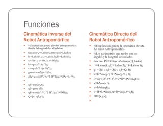 Funciones
Cinemática Inversa del
Cinemática Inversa del
Cinemática Inversa del
Cinemática Inversa del
Robot Antropomórfico
Robot Antropomórfico
Robot Antropomórfico
Robot Antropomórfico
Cinemática Directa del
Cinemática Directa del
Cinemática Directa del
Cinemática Directa del
Robot Antropomórfico
Robot Antropomórfico
Robot Antropomórfico
Robot Antropomórfico
 %Esta función genera al robot antropomorfico.
Recibe la longitud de cad eslabon
 function Q=CinversaAntropo(P0,Lados)
 l1=Lados(1); l2=Lados(2); l3=Lados(3);
 x=P0(1);y=P0(2); z=P0(3);
h=sqrt(x^2+y^2);
 %Esta función genera la cinemática directa
del robot Antropomórfico
 %Los parámetrios que recibe son los
ángulos y la longitud de los lados
 function P0=CdirectaAntropo(Q,Lados)
 h=sqrt(x^2+y^2);
 c=sqrt(h^2+(z-l1)^2);
 gama=atan2((z-l1),h);
 alfa=acos((l2^2+c^2-l3^2)/(2*l2*c+1e-9));

 q1=atan2(y,x);
 q2=gama-alfa;
 q3=acos((c^2-l2^2-l3^2)/(2*l2*l3));
 Q=[q1,q2,q3];
 l1=Lados(1); l2=Lados(2); l3=Lados(3);
 q1=Q(1); q2=Q(2); q3=Q(3);
 h=l2*cos(q2)+l3*cos(q2+q3);
 c=sqrt(l2^2+l3^2+2*l2*l3*cos(q3));
 x=h*cos(q1);
 y=h*sin(q1);
 z=l1+l2*sin(q2)+l3*sin(q2+q3);
 P0=[x,y,z];

 