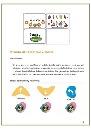 11
ACTIVIDAD 4 APRENDIENDO CON LA ROBÓTICA:
Nos orientamos:
- En gran grupo se establece un debate dirigido sobre conceptos como avanzar,
retroceder, giro a la derecha, giro a la izquierda con la ayuda de las tarjetas de movimiento
y a través de actividades y de las mismas tarjetas de movimiento en inglés realizamos
con nuestro cuerpo los movimientos que indica la maestra con dichas tarjetas.
Tarjetas de secuencia y movimiento:
 