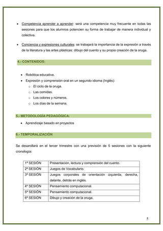 5
 Competencia aprender a aprender: será una competencia muy frecuente en todas las
sesiones para que los alumnos potencien su forma de trabajar de manera individual y
colectiva.
 Conciencia y expresiones culturales: se trabajará la importancia de la expresión a través
de la literatura y las artes plásticas: dibujo del cuento y su propia creación de la oruga.
4.- CONTENIDOS:
 Robótica educativa.
 Expresión y comprensión oral en un segundo idioma (Inglés):
o El ciclo de la oruga.
o Las comidas.
o Los colores y números.
o Los días de la semana.
5.- METODOLOGÍA PEDAGÓGICA:
 Aprendizaje basado en proyectos
6.- TEMPORALIZACIÓN
Se desarollará en el tercer trimestre con una previsión de 5 sesiones con la siguiente
cronología:
1ª SESIÓN Presentación, lectura y comprensión del cuento.
2ª SESIÓN Juegos de Vocabulario.
3ª SESIÓN Juegos corporales de orientación izquierda, derecha,
delante, detrás en inglés.
4º SESIÓN Pensamiento computacional.
5ª SESIÓN Pensamiento computacional.
6ª SESIÓN Dibujo y creación de la oruga.
 