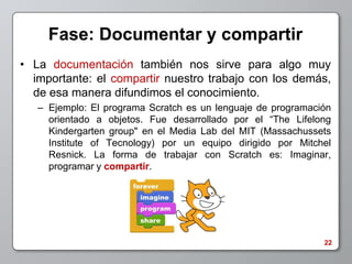 Fase: Documentar y compartir
• La documentación también nos sirve para algo muy
  importante: el compartir nuestro trabajo con los demás,
  de esa manera difundimos el conocimiento.
   – Ejemplo: El programa Scratch es un lenguaje de programación
     orientado a objetos. Fue desarrollado por el “The Lifelong
     Kindergarten group" en el Media Lab del MIT (Massachussets
     Institute of Tecnology) por un equipo dirigido por Mitchel
     Resnick. La forma de trabajar con Scratch es: Imaginar,
     programar y compartir.




                                                              22
 