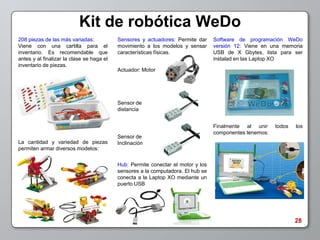 Kit de robótica WeDo
208 piezas de las más variadas:            Sensores y actuadores: Permite dar     Software de programación WeDo
Viene con una cartilla para el             movimiento a los modelos y sensar      versión 12: Viene en una memoria
inventario. Es recomendable que            características físicas.               USB de X Gbytes, lista para ser
antes y al finalizar la clase se haga el                                          instalad en las Laptop XO
inventario de piezas.
                                           Actuador: Motor




                                           Sensor de
                                           distancia


                                                                                  Finalmente al unir     todos   los
                                                                                  componentes tenemos:
                                           Sensor de
La cantidad y variedad de piezas           Inclinación
permiten armar diversos modelos:


                                           Hub: Permite conectar el motor y los
                                           sensores a la computadora. El hub se
                                           conecta a la Laptop XO mediante un
                                           puerto USB




                                                                                                                 28
 