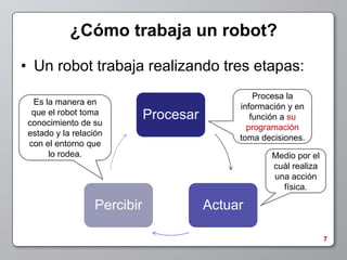 ¿Cómo trabaja un robot?

• Un robot trabaja realizando tres etapas:
                                                 Procesa la
  Es la manera en
                                             información y en
  que el robot toma          Procesar           función a su
 conocimiento de su
                                               programación
 estado y la relación
                                             toma decisiones.
 con el entorno que
      lo rodea.                                     Medio por el
                                                    cuál realiza
                                                    una acción
                                                      física.

                  Percibir              Actuar

                                                                   7
 