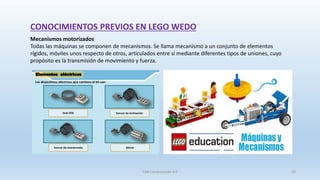 Mecanismos motorizados
Todas las máquinas se componen de mecanismos. Se llama mecanismo a un conjunto de elementos
rígidos, móviles unos respecto de otros, articulados entre sí mediante diferentes tipos de uniones, cuyo
propósito es la transmisión de movimiento y fuerza.
CONOCIMIENTOS PREVIOS EN LEGO WEDO
SJM Computación 4.0 26
 