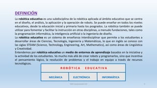 DEFINICIÓN
La robótica educativa es una subdisciplina de la robótica aplicada al ámbito educativo que se centra
en el diseño, el análisis, la aplicación y la operación de robots. Se puede enseñar en todos los niveles
educativos, desde la educación inicial y primaria hasta los posgrados. La robótica también se puede
utilizar para fomentar y facilitar la instrucción en otras disciplinas, a menudo fundaciones, tales como
la programación informática, la inteligencia artificial o la ingeniería de diseño.
La robótica educativa es un sistema de enseñanza interdisciplinar que permite a los estudiantes a
desarrollar áreas de Ciencias, Tecnología, Ingeniería y Matemáticas, lo que en inglés se conoce con
las siglas STEAM (Science, Technology, Engineering, Art, Mathematics), así como áreas de Lingüística
y Creatividad.
Entendemos por robótica educativa un medio de entornos de aprendizaje basados en la iniciativa y
la actividad de los estudiantes. Va mucho más allá de crear robots y programarlos, sino que incentiva
el pensamiento lógico, la resolución de problemas y el trabajo en equipo a través de recursos
tecnológicos.
R O B Ó T I C A E D U C A T I V A
MECÁNICA ELECTRÓNICA INFORMÁTICA
SJM Computación 4.0 3
 