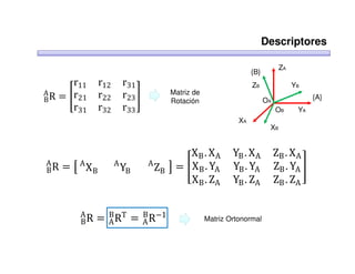 Descriptores


       r11      r12       r31
                                                                              ZA
                                                                  {B}


       r
B R = ൥ 21
A               r22       r23 ൩
                                                                  ZB               YB


       r31      r32       r33
                                       Matriz de
                                                                        OA               {A}
                                       Rotación
                                                                             OB     YA
                                                             XA
                                                                         XB


                                            XB . XA        YB . X A          ZB . X A
BR
A
     = ൣ A XB         A
                          YB      A
                                    ZB ൧ = ൥ X B . YA      YB . YA           ZB . YA ൩
                                             X B . ZA      YB . ZA           ZB . ZA


         BR   = A RT = A R−1
         A      B      B                           Matriz Ortonormal
 