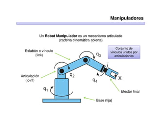 Manipuladores


               Un Robot Manipulador es un mecanismo articulado
                         (cadena cinemática abierta)

                                                            Conjunto de
  Eslabón o vínculo                                     vínculos unidos por
        (link)                                             articulaciones




Articulación
   (joint)


                                                               Efector final

                                               Base (fija)
 