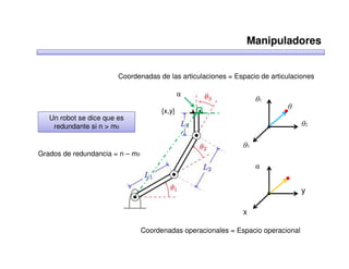 Manipuladores


                        Coordenadas de las articulaciones = Espacio de articulaciones

                                               α
                                                                    θ1
                                                                            θ
                                       {x,y}
   Un robot se dice que es
    redundante si n > m0                                                           θ2

                                                               θ3
Grados de redundancia = n – m0
                                                                    α


                                                                                   y

                                                               x

                                 Coordenadas operacionales = Espacio operacional
 