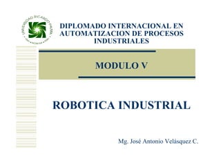 DIPLOMADO INTERNACIONAL EN
AUTOMATIZACION DE PROCESOS
       INDUSTRIALES


       MODULO V



ROBOTICA INDUSTRIAL

            Mg. José Antonio Velásquez C.
 