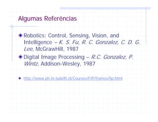 Algumas Referências
Robotics: Control, Sensing, Vision, and
Intelligence – K. S. Fu, R. C. Gonzalez, C. D. G.
Lee, McGrawHill, 1987
Digital Image Processing – R.C. Gonzalez, P.
Wintz, Addison-Wesley, 1987
http://www.ph.tn.tudelft.nl/Courses/FIP/frames/fip.html
 