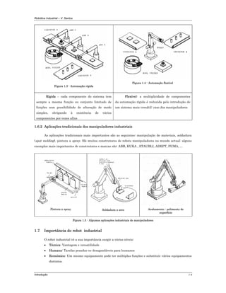 Robótica Industrial – V. Santos
Introdução 1-6
Figura 1.3 - Automação rígida
Figura 1.4 - Automação flexível
Rígida – cada componente do sistema tem
sempre a mesma função ou conjunto limitado de
funções sem possibilidade de alteração de modo
simples, obrigando à existência de vários
componentes por vezes afins
Flexível- a multiplicidade de componentes
da automação rígida é reduzida pelo introdução de
um sistema mais versátil: caso dos manipuladores
1.6.2 Aplicações tradicionais dos manipuladores industriais
As aplicações tradicionais mais importantes são as seguintes: manipulação de materiais, soldadura
(spot welding), pintura a spray. Há muitos construtores de robots manipuladores no mundo actual: alguns
exemplos mais importantes de construtores e marcas são: ABB, KUKA , STAUBLI, ADEPT, PUMA, ...
Pintura a spray Soldadura a arco Acabamento - polimento de
superfície
Figura 1.5 - Algumas aplicações industriais de manipuladores
1.7 Importância do robot industrial
O robot industrial vê a sua importância surgir a vários níveis:
• Técnica: Vantagem e versatilidade
• Humana: Tarefas pesadas ou desagradáveis para humanos
• Económica: Um mesmo equipamento pode ter múltiplas funções e substituir vários equipamentos
distintos.
 