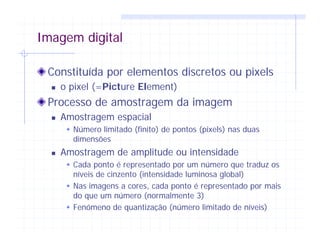 Imagem digital
Constituída por elementos discretos ou pixels
o pixel (=Picture Element)
Processo de amostragem da imagem
Amostragem espacial
Número limitado (finito) de pontos (pixels) nas duas
dimensões
Amostragem de amplitude ou intensidade
Cada ponto é representado por um número que traduz os
níveis de cinzento (intensidade luminosa global)
Nas imagens a cores, cada ponto é representado por mais
do que um número (normalmente 3)
Fenómeno de quantização (número limitado de níveis)
 