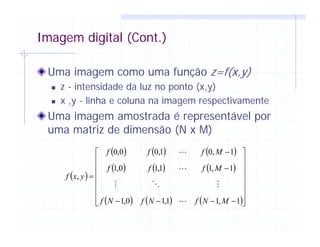 Imagem digital (Cont.)
Uma imagem como uma função z=f(x,y)
z - intensidade da luz no ponto (x,y)
x ,y - linha e coluna na imagem respectivamente
Uma imagem amostrada é representável por
uma matriz de dimensão (N x M)
( )
( ) ( ) ( )
( ) ( ) ( )
( ) ( ) ( )⎥
⎥
⎥
⎥
⎥
⎥
⎦
⎤
⎢
⎢
⎢
⎢
⎢
⎢
⎣
⎡
−−−−
−
−
=
1,11,10,1
1,11,10,1
1,01,00,0
,
MNfNfNf
Mfff
Mfff
yxf
 