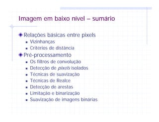 Imagem em baixo nível – sumário
Relações básicas entre pixels
Vizinhanças
Critérios de distância
Pré-processamento
Os filtros de convolução
Detecção de pixels isolados
Técnicas de suavização
Técnicas de Realce
Detecção de arestas
Limitação e binarização
Suavização de imagens binárias
 