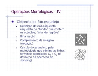 Operações Morfológicas - IV
Obtenção do Exo-esqueleto
Definição de exo-esqueleto:
esqueleto do “fundo” que contém
os objectos, “criando regiões”
1. Binarização
2. Complemento da imagem
(negação)
3. Cálculo do esqueleto pela
metodologia que elimina as linhas
terminais (condições C1 e C2 na
definição da operação de
thinning)
 