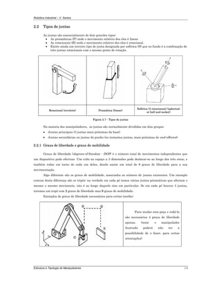 Robótica Industrial – V. Santos
Estrutura e Tipologia de Manipuladores 2-6
2.2 Tipos de juntas
As juntas são essencialmente de dois grandes tipos:
• As prismáticas (P) onde o movimento relativo dos elos é linear
• As rotacionais (R) onde o movimento relativo dos elos é rotacional.
• Existe ainda um terceiro tipo de junta designada por esférica (S) que no fundo é a combinação de
três juntas rotacionais com o mesmo ponto de rotação.
Rotacional (revolute) Prismática (linear)
Esférica (3 rotacionais) (spherical
or ball-and-socket)
Figura 2.7 - Tipos de juntas
Na maioria dos manipuladores, as juntas são normalmente divididas em dois grupos:
• Juntas principais (3 juntas mais próximas da base)
• Juntas secundárias ou juntas do punho (as restantes juntas, mais próximas do end-effector)
2.2.1 Graus de liberdade e graus de mobilidade
Graus de liberdade (degrees-of-freedom - DOF) é o número total de movimentos independentes que
um dispositivo pode efectuar. Um cubo no espaço a 3 dimensões pode deslocar-se ao longo dos três eixos, e
também rodar em torno de cada um deles, dando assim um total de 6 graus de liberdade para a sua
movimentação.
Algo diferente são os graus de mobilidade, associados ao número de juntas existentes. Um exemplo
comum desta diferença são os tripés: na verdade em cada pé temos várias juntas prismáticas que afectam o
mesmo o mesmo movimento, isto é ao longo daquele eixo em particular. Se em cada pé houver 3 juntas,
teremos um tripé com 3 graus de liberdade mas 9 graus de mobilidade.
Exemplos de graus de liberdade necessários para certas tarefas:
Para mudar esta peça e rodá-la
são necessários 4 graus de liberdade
apenas. (nota: o manipulador
ilustrado poderá não ter a
possibilidade de o fazer, para certas
orientações)
 