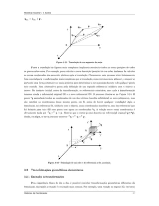 Robótica Industrial – V. Santos
Sistemas de Coordenadas 3-7
2 1B B= +q q p .
y
z
x
R
qA1
pqB1
qB2
qA2
p
Figura 3-23 - Translação de um segmento de recta.
Fazer a translação de figuras mais complexas implicaria recalcular todos as novas posições de todos
os pontos relevantes. Por exemplo, para calcular a nova descrição (posição) de um cubo, teríamos de calcular
as novas coordenadas dos seus oito vértices após a translação. Claramente, este processo não é interessante
(em especial para transformações mais complexas que a translação, como veremos mais adiante), e requer-se
portanto uma forma alternativa e mais genérica para determinar a nova posição do cubo e de qualquer ponto
nele contido. Essa alternativa passa pela definição de um segundo referencial solidário com o objecto a
mover. No instante inicial, antes da transformação, os referenciais coincidem, mas após a transformação
teremos ainda o referencial original (R) e o novo referencial (N). O processo ilustra-se na Figura 3-24. O
ponto Nq assinalado traduz as coordenadas de um dos vértices (escolha arbitrária) no novo referencial, mas
são também as coordenadas desse mesmo ponto, em R, antes de haver qualquer translação! Após a
translação, no referencial N, solidário com o objecto, essas coordenadas mantêm-se, mas no referencial que
foi deixado para trás (R) esse ponto tem agora as coordenadas Rq. A relação entre essas coordenadas é
obviamente dada por R N
= +q q p . Note-se que o vector p está descrito no referencial original (p = Rp),
donde, em rigor, se deva procurar escrever R N R
= +q q p .
y
z
x
R
p
N
z'
y'
x'
R
q
N
q
Figura 3-24 - Translação de um cubo e do referencial a ele associado.
3.2 Transformações geométricas elementares
3.2.1 Exemplos de transformações
Pela experiência física do dia a dia, é possível conceber transformações geométricas diferentes da
translação, das quais a rotação é o exemplo mais comum. Por exemplo, uma rotação no espaço 3D, em torno
 