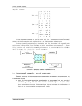 Robótica Industrial – V. Santos
Sistemas de Coordenadas 3-16
adequadas. Assim virá:
( )
cos sin 0 0
sin cos 0 0
,
0 0 1 0
0 0 0 1
Rot z
θ θ
θ θ
θ
−⎡ ⎤
⎢ ⎥
⎢ ⎥
⎢ ⎥
= ⎢ ⎥
⎢ ⎥
⎢ ⎥
⎢ ⎥⎢ ⎥⎣ ⎦
( )
1 0 0 0
0 cos sin 0
,
0 sin cos 0
0 0 0 1
Rot x
θ θ
θ
θ θ
⎡ ⎤
⎢ ⎥
⎢ ⎥−⎢ ⎥
= ⎢ ⎥
⎢ ⎥
⎢ ⎥
⎢ ⎥⎢ ⎥⎣ ⎦
( )
cos 0 sin 0
0 1 0 0
,
sin 0 cos 0
0 0 0 1
Rot y
θ θ
θ
θ θ
⎡ ⎤
⎢ ⎥
⎢ ⎥
⎢ ⎥
= ⎢ ⎥
−⎢ ⎥
⎢ ⎥
⎢ ⎥⎢ ⎥⎣ ⎦
No caso de rotações compostas em torno de dois ou mais eixos a componente de rotação (orientação)
da matriz de transformação será mais complexa do que o das rotações simples indicadas atrás.
A matriz de transformação geométrica, homogénea, tem, além das rotações e da translação mais
quatro termos (a última linha). Nesta abordagem os valores dessa linha só interessam ser [0 0 0 1], mas
noutros contextos terão a importância adequada, nomeadamente no tratamento geométrico de imagem
digital; são exemplos disso a perspectiva e o factor de escala global.
⎥
⎥
⎥
⎥
⎦
⎤
⎢
⎢
⎢
⎢
⎣
⎡
=
s
prrr
prrr
prrr
z
y
x
321
333231
232221
131211
λλλ
T
Translação
Factor de escala
global
Perspectiva /
projecção
Rotações
Factor escala local
Figura 3-33 - Componentes da matriz de transformação a 3D.
3.4.3 Interpretações do que significa a matriz de transformação.
É possível individuar três interpretações/significados principais de uma matriz de transformação, que
se resumem de seguida:
• Indica as transformações geométricas operadas sobre um ponto para o levar para outro local
geométrico: 01 = ⋅q T q . Este facto traduz também o movimento imposto a um ponto, sempre
dentro de um mesmo referencial. Não são aqui óbvias todas as implicações da transformação se o
objecto for um ponto, em especial as componentes de rotação.
 