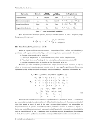 Robótica Industrial – V. Santos
Cinemática Directa de Manipuladores 4-9
Parâmetro Símbolo
Junta
rotacional
Junta
prismática
Definição formal
Ângulo de junta θi variável fixo ( ) 1
1 ,
i
i ii z
x xθ
−
−= ∠
Deslocamento de junta di fixo variável ( ) 1
1 1, i
i i i i zd O z x −
− −= ∩
Comprimento do elo li (ai) fixo fixo ( )1 ,
i
i i i i
x
l z x O−= ∩
Ângulo de torção do elo αi fixo fixo ( )1 ,
i
i ii x
z zα −= ∠
Tabela 4.1 - Tabela dos parâmetros cinemáticos
Para efeitos de uma abordagem genérica, diz-se que o vector variáveis de junta é designado por q e
dado pela seguinte expressão:
1 2
T
nq q q⎡ ⎤= ⎢ ⎥⎣ ⎦
q ,
i
i
i
rotacional
q
d prismática
θ ⇐⎧⎪⎪= ⎨
⎪ ⇐⎪⎩
4.2.5 Transformação i-1Ai associada a um elo
Depois do exposto é imediato concluir que o elo i, associado à sua junta i, realiza uma transformação
geométrica, dando origem ao referencial i+1, que pode ser decomposta nas quatro operações elementares:
Rotação θi em torno do eixo da junta (zi-1)
Translação “longitudinal” ao longo do eixo do elo (xi) do seu próprio comprimento (li)
Translação “transversal” ao longo do eixo da junta (zi) do afastamento entre juntas (di)
Rotação αi do eixo da junta (zi) em torno do eixo longitudinal (xi) do elo
Repare-se que estas transformações elementares surgem concatenadas em sequência, e por esta
ordem, se bem que as translações possam comutar entre si, o que significa globalmente obter-se uma
transformação final por pós-multiplicação sucessiva, resultando na matriz i-1Ai ou mais simplesmente, Ai:
( ) ( ) ( ) ( ), ,0,0 0,0, ,i i i i iz l d xθ α=A Rot Trans Trans Rot
1 0 0 01 0 00 0
0 1 0 0 0 00 0
0 0 0 0 0 0 1 0 0
0 0 0 1 0 0 0 1 0 0 0 1
ii i
i ii i
i
i i i
lC S
C SS C
d S C
θ θ
α αθ θ
α α
− ⎡ ⎤ ⎡ ⎤⎡ ⎤
⎢ ⎥ ⎢ ⎥⎢ ⎥
⎢ ⎥ ⎢ ⎥⎢ ⎥ −⎢ ⎥ ⎢ ⎥⎢ ⎥
= ⎢ ⎥ ⎢ ⎥⎢ ⎥
⎢ ⎥ ⎢ ⎥⎢ ⎥
⎢ ⎥ ⎢ ⎥⎢ ⎥
⎢ ⎥ ⎢ ⎥⎢ ⎥⎢ ⎥ ⎢ ⎥ ⎢ ⎥⎣ ⎦ ⎣ ⎦ ⎣ ⎦
A
0
0 0 0 1
í i i i i i i
i i i i i i i
i
i i i
C S C S S l C
S C C C S l S
S C d
θ θ α θ α θ
θ θ α θ α θ
α α
−⎡ ⎤
⎢ ⎥
⎢ ⎥−⎢ ⎥
= ⎢ ⎥
⎢ ⎥
⎢ ⎥
⎢ ⎥⎢ ⎥⎣ ⎦
A (4.1)
Os elos de um manipulador são numerados a partir da base e o primeiro elo (móvel) é o elo número 1
que se segue à primeira junta, ou junta número 1. A base fixa é designada o elo 0. Sistema de coordenadas 0
(zero) será aquele a partir do qual se faz toda a transformação geométrica do manipulador. Há
frequentemente mais do que uma possibilidade de o fazer, conforme o interesse do problema. A Figura 4.14
ilustra duas possibilidades alternativas (a segunda a tracejado) para definir o sistema de coordenadas inicial
(zero) de um manipulador do tipo PUMA com 6 graus de liberdade: 6 juntas, 6 elos (móveis mais uma base
ou elo 0). Deve referir-se que haveria ainda várias outras possibilidades de escolher os sistemas de eixos.
 
