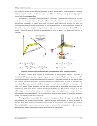 Robótica Industrial – V. Santos
Cinemática diferencial 6-10
esse Jacobiano inverso não tem definição numérica! De facto, nestes casos, o Jacobiano (directo) é singular
(terá determinante nulo) e o Jacobiano inverso é não definido, e diz-se que a respectiva configuração do
manipulador é uma singularidade.
Fisicamente, o que significa uma singularidade? Em resumo, é uma situação (configuração do robot)
na qual seria necessário impor velocidades infinitamente altas numa ou mais juntas para manter
determinadas velocidades no espaço operacional. Dito doutro modo, haverá um actuador (ou mais) cujo
controlo será sempre insuficiente para cumprir as velocidades desejadas no espaço operacional. Também se
diz, por isso, que numa situação de singularidade há a perda de um ou mais graus de mobilidade que,
quando o número de graus de liberdade no manipulador for menor ou igual a 6, se diz perda de um grau de
liberdade.
y
x
Trajectória rectilinea
do end-effector que
será interrompida na
singularidade
yy
θ2 zz
θ1
xx
12 12
1
1 2 1 2
1 1 2 12 1 1 2 12
2
1 2 2 1 2 2
C S
d dx dy
L S L S
L C L C L S L S
d dx dy
L L S L L S
θ
θ
= +
+ +
= − −
1 1
1
2 2 2 2
2
2 2
1
S C
d dx dy
L C L C
d dz
L C
θ
θ
−
= +
=
Figura 6.3 –Situações de singularidade para dois manipuladores nos limites do espaço de trabalho.
A Figura 6.3 ilustra duas situações de singularidades de manipuladores simples; à esquerda, no
manipulador RR planar, quando o segundo ângulo de junta atinge os 0º não mais é possível ao robot
continuar o movimento, por exemplo, na execução de uma recta a velocidade constante do end-effector., dado
que nenhum movimento da junta 2, independentemente do comportamento da junta 1, satisfaria essa
necessidade. Matematicamente a velocidade da junta 2 cresceria desmesuradamente ao aproximar-se do
valor 0. Na mesma figura, à direita, está um outro exemplo onde as expressões diferenciais têm uma
interpretação física muito clara e intuitiva: na situação ilustrada, θ2 = 90º, nenhuma variação de θ2 será
suficiente por si só para alterar a cota z do end-effector e, por outro lado, nenhuma variação de θ1 será
suficiente para alterar a coordenada x ou y; isso é de facto assim porque os termos da direita das expressões
tendem para infinito quando θ2 tende para 90º.
As singularidades mencionadas dizem respeito a situações nos limites do espaço de trabalho. Em
manipuladores com mais graus de liberdade é possível encontrar singularidades no interior do espaço de
trabalho. Essas dizem respeito normalmente a alinhamento de elos interiores, como cotovelos, por exemplo.
Estas singularidades representam problemas sérios no controlo dos manipuladores e não devem ser
descuradas nas fases de planeamento e execução de trajectórias, por exemplo.
 